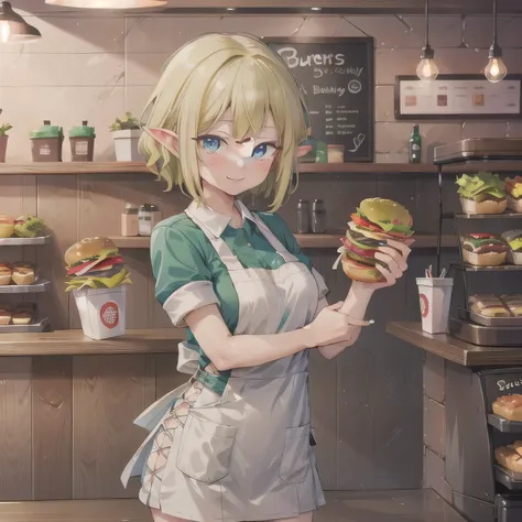 She is a cheerful girl working behind the counter at a cozy burger shop. She is wearing a cute burger shop uniform and smiling warmly at the customers. The background shows a bright and clean fast food counter with menu boards. Short, green hair, pointy ea...