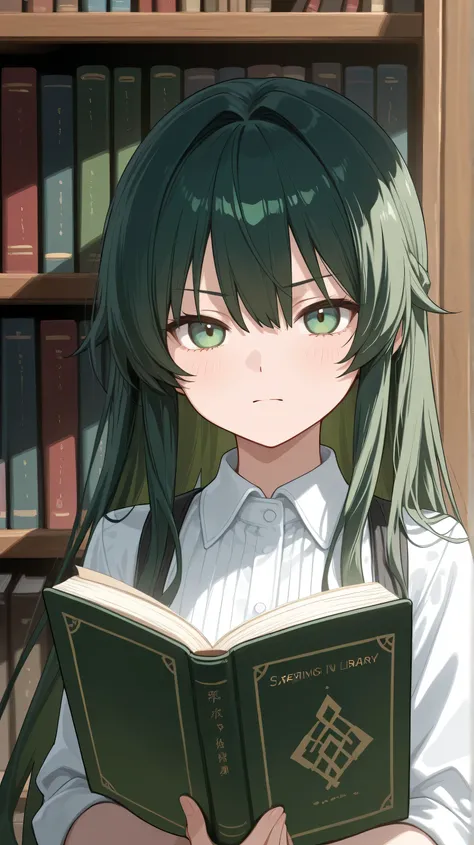 young girl ,darkgreen hair,green eyes,lerning in library serious face look to book