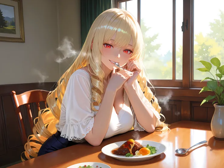 from left side, a happy woman eating an omelette on a plate, She is holding a spoon in her right hand, detailed facial features, smiling, (adult cool woman:1.1), Very long hair, drill hair, shining blonde hair, hair in wind, narrow, perfect artwork, pictur...