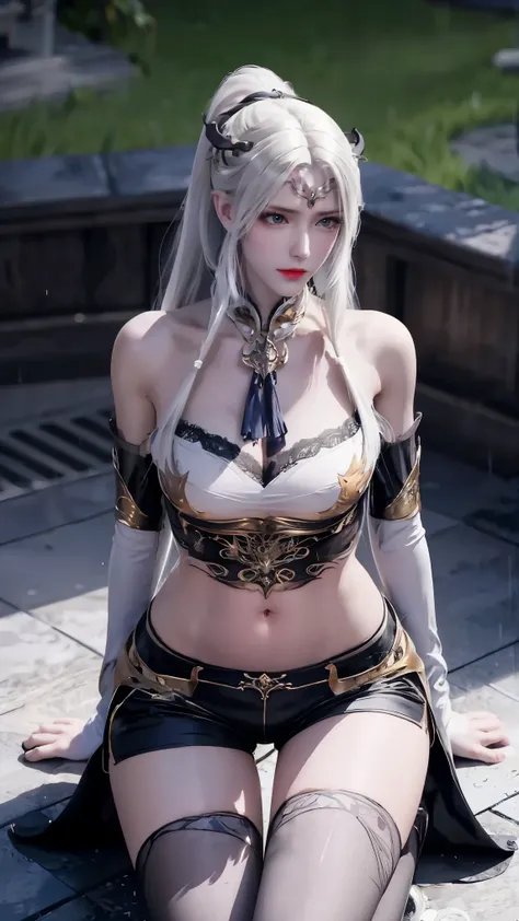 ((best quality, 8k, masterpiece:1.3)), important: 1.2, Perfect body beauty: 1.4, Hips: 1.2, ((Layered Hairstyle, Chest: 1.2)), (Wet clothes: 1.1), (rain, street:1.3), Tube Top Dress: 1.1, Highly detailed face and skin texture, Squinting, Double eyelids, wh...