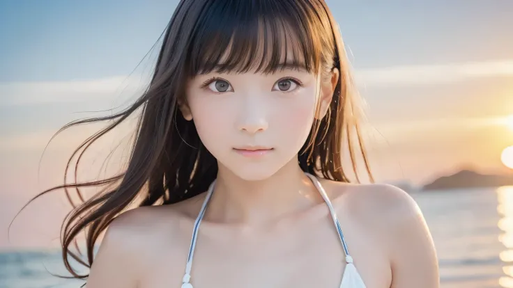 one girl, (18years old:1.4),(Very Young Face:1.8), (japan Person famous idol), cute face, ash gray hair:1.5, camera's line of sight, small breasts, An ennui look, (Extremely small white micro bikini style:1.4) , particles of light, sea of ​​sunset, calm se...