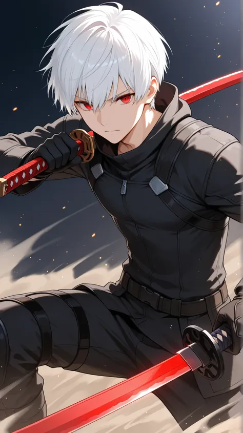 men ,white short hair,red eyes,use twin katana black clothes in battle have gloves lots of dust and particles
