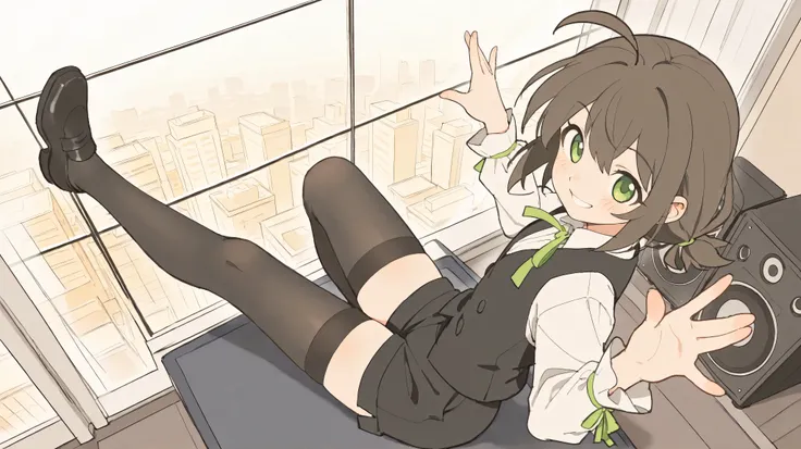 masterpiece, best quality, newest, absurdres, highres, view from above, short dark brown hair, ahoge, shiny green eyes, 1girl, solo, cheerful and energetic expression, wide smile, soft blush, sitting on top of a large speaker/sound system, raising one hand...