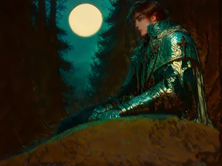 masterpiece, best quality,high quality, newest, highres,8K,HDR, absurdres, 1boy, solo, green iris, black pupils, brown hair, defined eyes, gilded silver armor, ornate patterns, armored gauntlets, high fantasy, sitting under pine tree, blue and green palett...