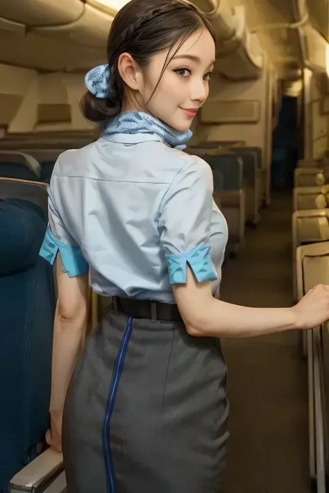 (masterpiece:1.2, best quality:1.2), 32kHDR, HD 。 perfect for loosely aligning your legs , (alone、 1 girl)、( daytime building rooftop 、 professional lighting )、 against the roof of a building 、(ANA Flight Attendant Uniform Blue Wear 、real style )、((...