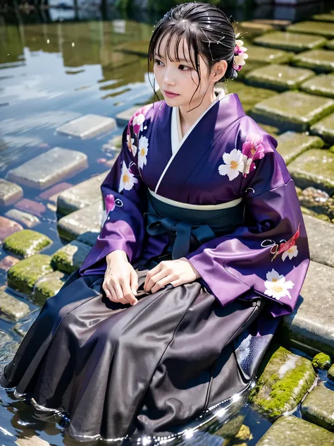 Realistic, long-sleeved kimono, hakama, long hakama, floral kimono, wet clothes, soaking wet clothes, wet gloss, clothes with a wet texture, clothes that cling to the body, visible body outline, wet clothes, in water, in a river, deep river, sitting, on al...