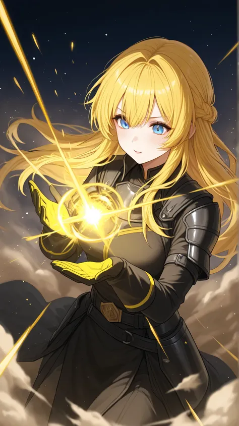 younggirl ,yellow long hair,blue eyes,use magic black clothes in battle have gloves lots of dust and particles up view