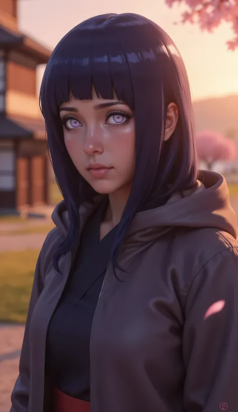 Hyperrealistic full body image of Hinata Hyuga from Naruto, standing in the Hidden Leaf Village at dusk, cherry blossom petals falling, soft orange sunlight casting long shadows, pale lavender eyes with no pupils, long dark indigo hair, wearing her traditi...