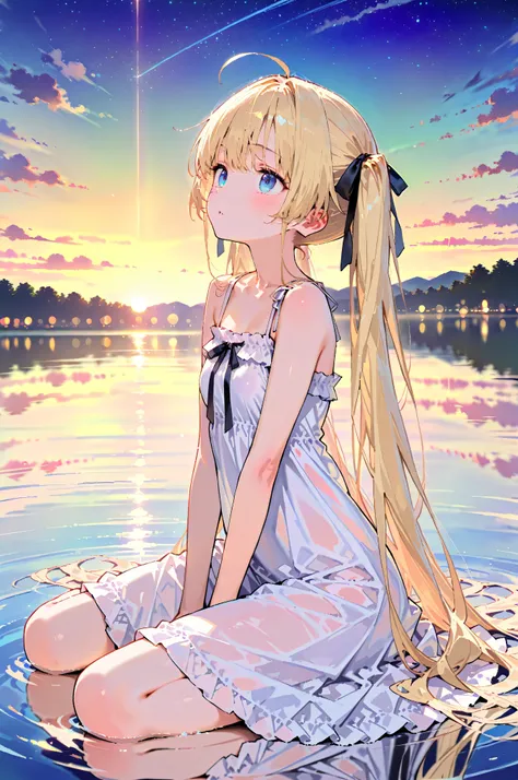 (masterpiece, best quality:1.4),
high_resolution,super_fine_illustration,detailed_skin,detailed_face,detailed_eyes,,

1 girl, twintails, long hair, blonde hair, blue eyes, black ribbon,
sundress, too many frills, wariza, look up,
lake, reflection, starry s...