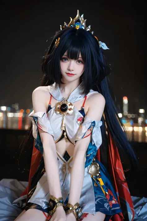 sparkle cosplay costume, cosplay, twintails, dress, Sakura-themed cosplay under a moonlit night, cherry blossoms glowing with soft pink lights, fox mask resting on head, sandals visible on wooden flooring, charming smile, twintail hairstyle flows with the ...
