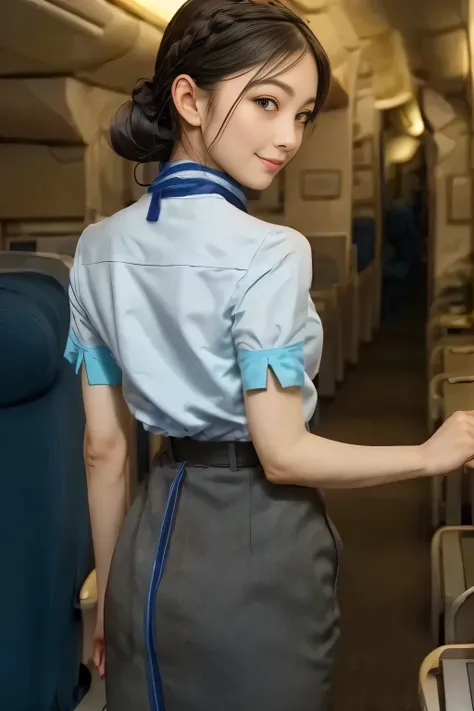 (masterpiece:1.2, best quality:1.2), 32kHDR, HD 。 perfect for loosely aligning your legs , (alone、 1 girl)、( daytime building rooftop 、 professional lighting )、 against the roof of a building 、(ANA Flight Attendant Uniform Blue Wear 、real style )、((...