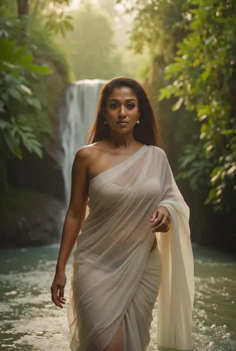 young thick indrani haldar with mature saggy breasts, a thin wet white saree without paalu around her body, bathing in a beautiful waterfall in the rainforest at golden hour, cinematic soft focus,
