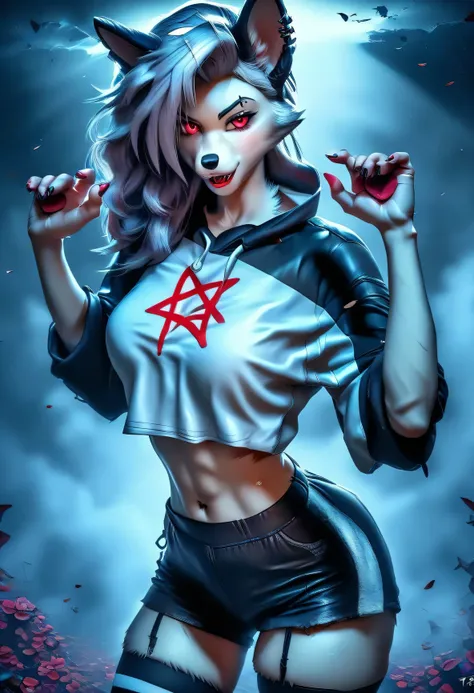 (loona:1.2), human, tan skin, silver gray hair, (loonacroptop, loonashorts, crop top, shirt, topwear, shorts, bottomwear, pentagram:1.2), black sneakers, thighhighs, stockings, legwear, fingerless gloves, ear piercing, ear ring, eyebrow piercing, eyebrow r...