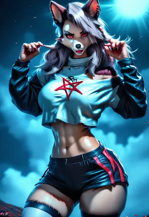 (loona:1.2), human, tan skin, silver gray hair, (loonacroptop, loonashorts, crop top, shirt, topwear, shorts, bottomwear, pentagram:1.2), black sneakers, thighhighs, stockings, legwear, fingerless gloves, ear piercing, ear ring, eyebrow piercing, eyebrow r...