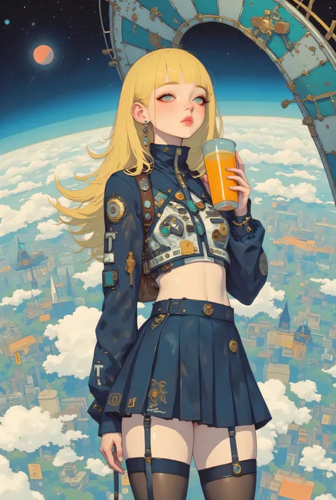 There is a high school girl in the Earth's stratosphere , Earth's horizon , Long flaxen hair, short pleated skirt , A tumbler with orange juice in her right hand , surrealism , Soramachi Hajime Style , graphic details , Space Art , The c...