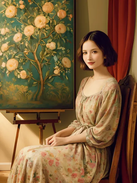 376(20 year old women),(short hair),(gentle smile),(high quality photos),(Leonardo da Vinci),(colorful floral dress),(A room with a large painting),((contrast between light and shade))