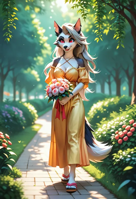 Anthro Loona from Helluva Boss, female furry, anime-style, full-body, walking through a park with a gentle breeze, one hand resting on her pregnant belly, the other holding a small bouquet of flowers, wearing a simple flowy bikini top with a wrap skirt and...