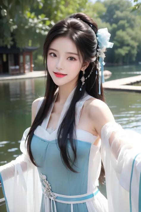 1girll，light  smile，Dancing by the lake，white colors|Blue Transparent tulle hanfu，Hanfu beauty，Glossy glossy skin，Ray traching，
best qualtiy，tmasterpiece，（Photorealsitic：1.4）