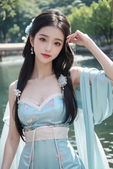 1girll，Exquisite，light  smile，Dancing by the lake，white colors|Cyan hanfu，Tulle Hanfu beauty，delicate patterns，Silk satin reflective，Textured clothes Glossy glossy skin，Ray traching，
best qualtiy，tmasterpiece，（Photorealsitic：1.4），Raised sexy