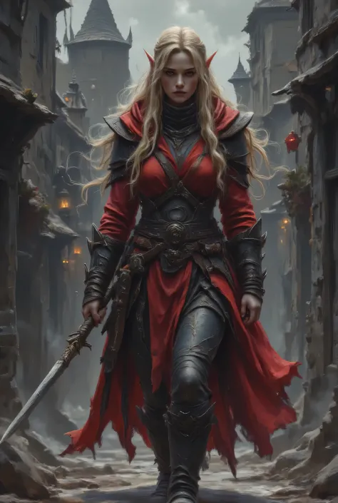 a black and white 1940s snapshot picture of a female elf, fantasy swashbuckler, fantasy fencer, armed with a slim sword, metallic shine, colorful clothes, full body, epic beautiful female elf, blond hair, long hair, billowing hair, small pointed ears, wear...