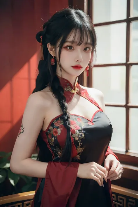 vibrant colors, female, masterpiece, sharp focus, best quality, depth of field, cinematic lighting, white hair, red eyes, braid, dress, long hair, red eyes, tattoo, earrings, jewelry, black dress, hair ornament, bangs, chinese clothes, breasts, china dress...