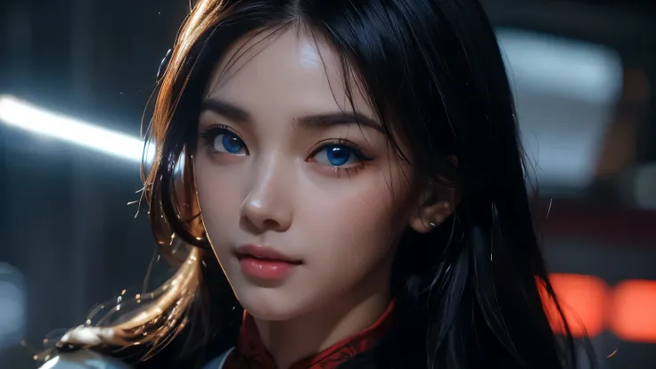 4K, A high resolution, Best quality at best, masterpiece, perfect colors, perfect shadow, perfect litthing, ((sportrait)), 1woman, fit-muscled body, bright yellow eyes,dark blue hair , blue eyes, With round lenses, The audience watched carefully, (s face: ...