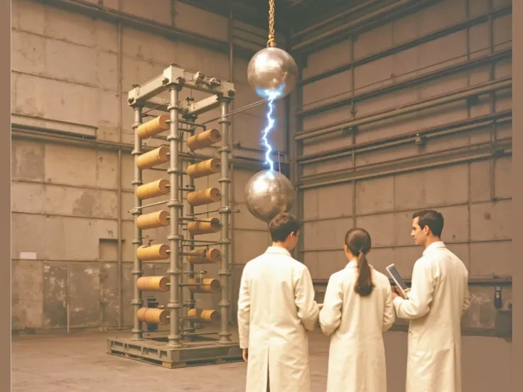 Sharp detailed 80th years lightfull photo of A pulse voltage generator with an electric arc with an electric pulse. Lightning between the balls.
Three students in white coats with magazines are looking at the lightning, discussing something, serious.

