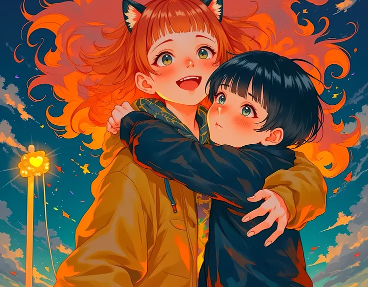 (Masterpiece, Top Quality :1.2),( cute cat-eared girl /(Auburn Hair, she hugs a shy boy , Strong hug , big smile,Cheerful and playful , girly clothes),Human boy ( Human Ear, so embarrassing, black hair, Simple Outfit ,Hand-drawn illustrations, Dark color...