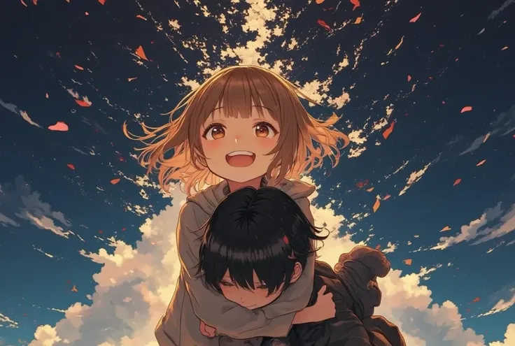 (Masterpiece, Top Quality :1.2), couple, cute cat-eared girl /( brown hair , girly clothes), Human boy /(Normal Human, embarrassing, black hair, Simple Outfit ), She hugs his shy guy , Strong hug , big smile,Cheerful and playful , focus on the...