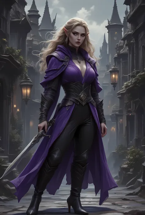 a black and white 1940s pin up snapshot picture of a female elf, ((only colors are black and white, and purple: 1.5) fantasy swashbuckler, fantasy fencer, armed with a slim sword, metallic shine, full body, epic beautiful female elf, blond hair, wavy hair,...