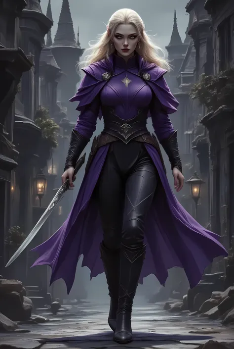 a black and white 1940s pin up snapshot picture of a female elf, ((only colors are black and white, and purple: 1.5) fantasy swashbuckler, fantasy fencer, armed with a slim sword, metallic shine, full body, epic beautiful female elf, blond hair, wavy hair,...