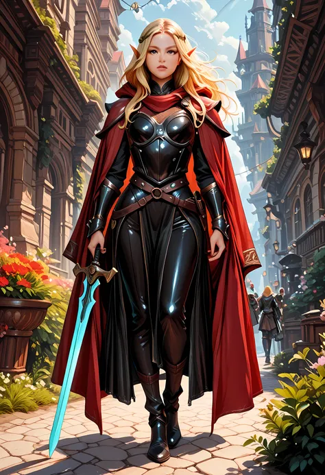 a black and white 1940s snapshot picture of a female elf, fantasy swashbuckler, fantasy fencer, armed with a slim sword, metallic shine, colorful clothes, full body, epic beautiful female elf, blond hair, long hair, billowing hair, small pointed ears, wear...