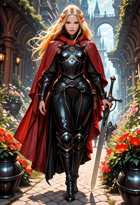 a black and white 1940s snapshot picture of a female elf, fantasy swashbuckler, fantasy fencer, armed with a slim sword, metallic shine, colorful clothes, full body, epic beautiful female elf, blond hair, long hair, billowing hair, small pointed ears, wear...