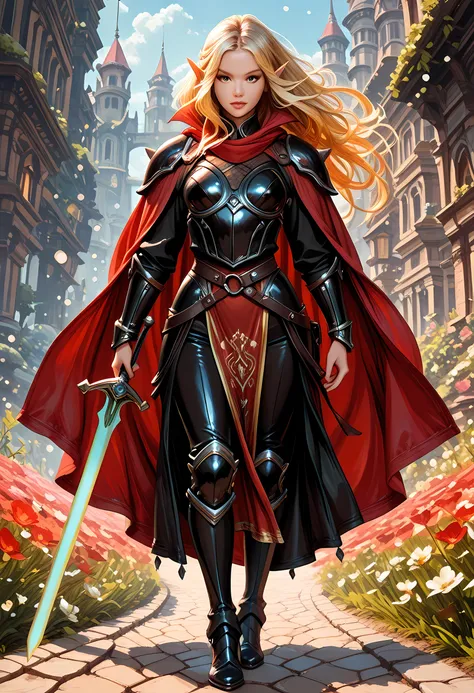 a black and white 1940s snapshot picture of a female elf, fantasy swashbuckler, fantasy fencer, armed with a slim sword, metallic shine, colorful clothes, full body, epic beautiful female elf, blond hair, long hair, billowing hair, small pointed ears, wear...
