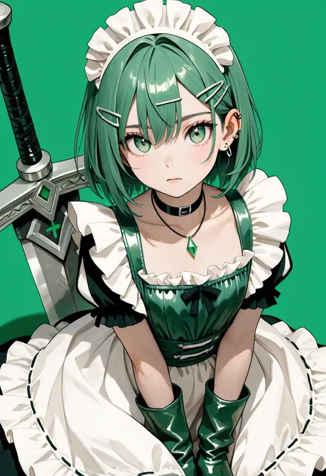  YOUNG BEAUTIFUL GIRL  , Classic Maid Dress 、Giant with Frills, ,(look back、Author),emerald green eyes, Shining Eyes、Ultra Huge Green Rune Bastard Swords, Lavishly Decorated Bastard Swords、Green Rugged Leather Gloves, 3 colors,grayscale, green background, ...