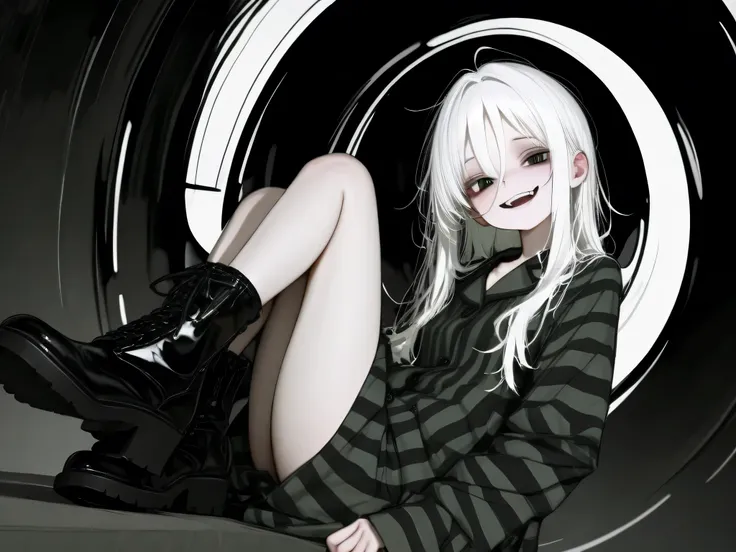 A girl with white hair,Dissemination,The right half of the face is covered by long white bangs,The pupils are black to white(The center of the pupil is a white circle intersecting each other)Wear a dark green striped shirt,The sleeve is longer and covers t...