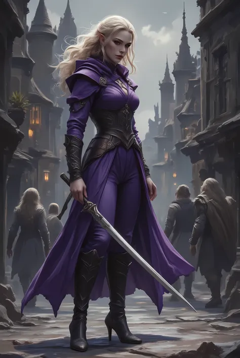 a black and white 1940s pin up snapshot picture of a female elf, ((only colors are black and white, and purple: 1.5) fantasy swashbuckler, fantasy fencer, armed with a slim sword, metallic shine, full body, epic beautiful female elf, blond hair, wavy hair,...