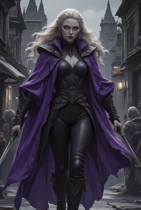 a black and white 1940s pin up snapshot picture of a female elf, ((only colors are black and white, and purple: 1.5) fantasy swashbuckler, fantasy fencer, armed with a slim sword, metallic shine, full body, epic beautiful female elf, blond hair, wavy hair,...
