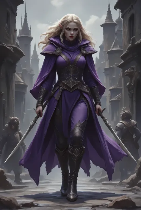 a black and white 1940s pin up snapshot picture of a female elf, ((only colors are black and white, and purple: 1.5) fantasy swashbuckler, fantasy fencer, armed with a slim sword, metallic shine, full body, epic beautiful female elf, blond hair, wavy hair,...
