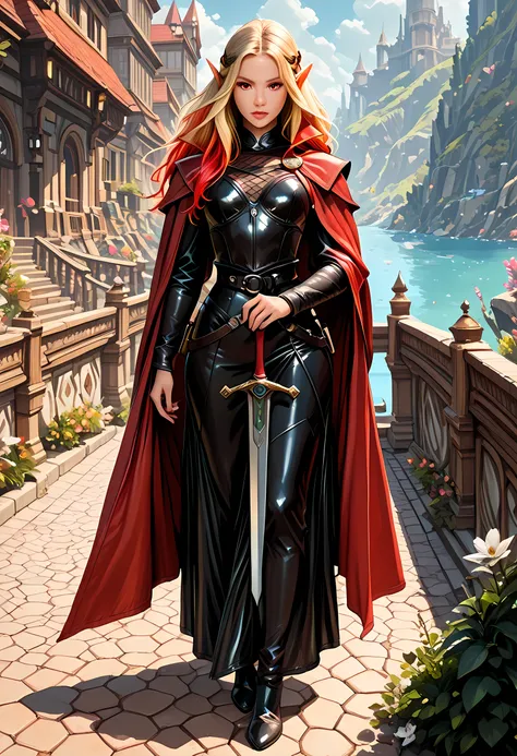 a black and white 1940s pin up snapshot picture (only colors areblack and white and red: 1.5) of a female elf, fantasy swashbuckler, fantasy fencer, armed with a slim sword, metallic shine, colorful clothes, full body, epic beautiful female elf, blond hai...
