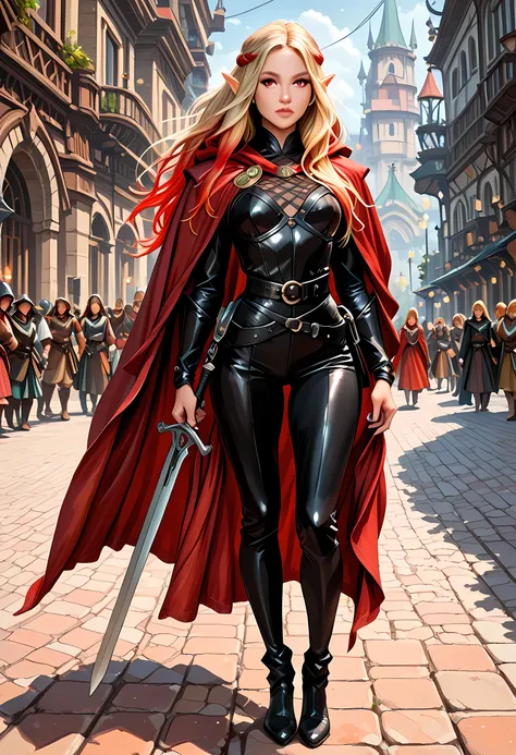 a black and white 1940s pin up snapshot picture (only colors areblack and white and red: 1.5) of a female elf, fantasy swashbuckler, fantasy fencer, armed with a slim sword, metallic shine, colorful clothes, full body, epic beautiful female elf, blond hai...