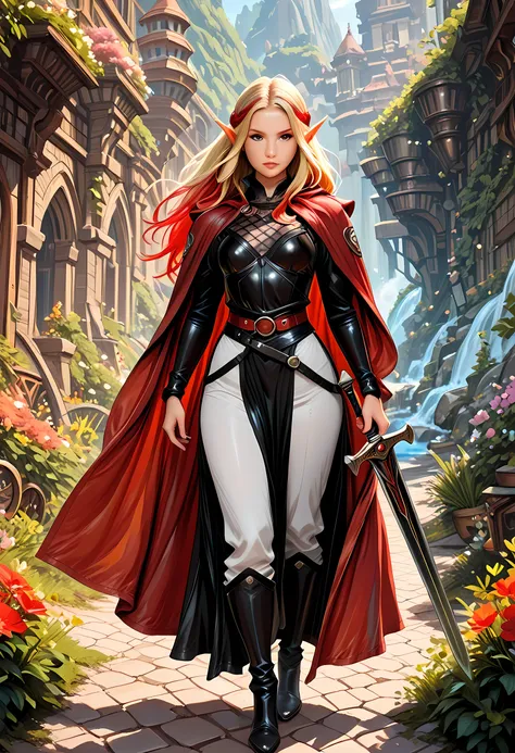 a black and white 1940s pin up snapshot picture (only colors areblack and white and red: 1.5) of a female elf, fantasy swashbuckler, fantasy fencer, armed with a slim sword, metallic shine, colorful clothes, full body, epic beautiful female elf, blond hai...