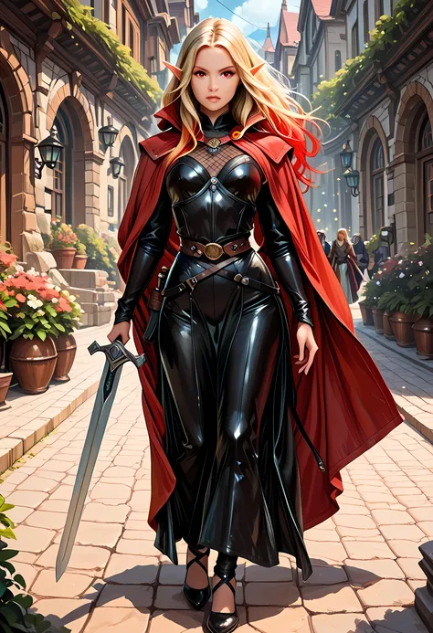 a black and white 1940s pin up snapshot picture (only colors areblack and white and red: 1.5) of a female elf, fantasy swashbuckler, fantasy fencer, armed with a slim sword, metallic shine, colorful clothes, full body, epic beautiful female elf, blond hai...