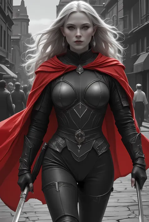a black and white 1940s snapshot picture of a female elf, fantasy swashbuckler, fantasy fencer, armed with a slim sword, metallic shine, colorful clothes, full body, epic beautiful female elf, blond hair, long hair, billowing hair, small pointed ears, wear...