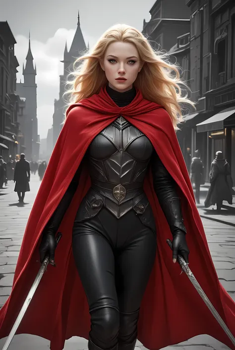 a black and white 1940s snapshot picture of a female elf, fantasy swashbuckler, fantasy fencer, armed with a slim sword, metallic shine, colorful clothes, full body, epic beautiful female elf, blond hair, long hair, billowing hair, small pointed ears, wear...