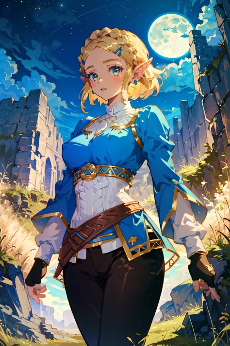 ((masterpiece, high quality, high definition)), ((highly detailed CG wallpapers in a single resolution 8K )), 1girl, princess zelda, short hair, Big breasts, Crown Braid, hair clip, sharp ears, Brown cloak , blue shirt, puffy sleeves, long sleeves, fingerl...
