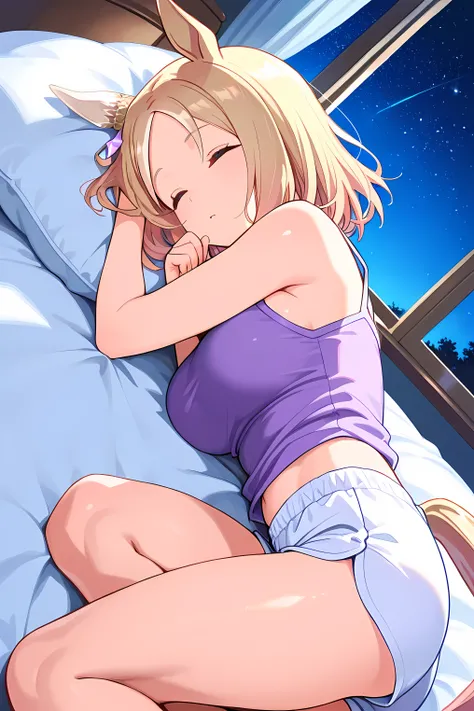 narita top road \(umamusume\),(((masterpiece))),(((detailed)))((best quality)),((hyper detailed)),(beautiful),((shinythighs)),(((shiny skin))),(high quality skin),((8k)),((high resolution)),lying,lying on bed,lie on one’s back,sleep , closed eyes,lying, ha...