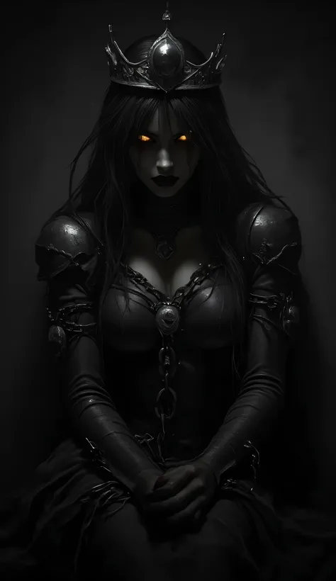 (big eyes:1.25), 1girl, Princess, Crown, fetter, chain, black trim, BREAK, sits, On the ground, BREAK, ( grayscale, monochrome:1.15), (at night, darkness, No light:1.5), (sparkling eyes:1.25), masterpiece, best quality, extremely detailed, high quality ...