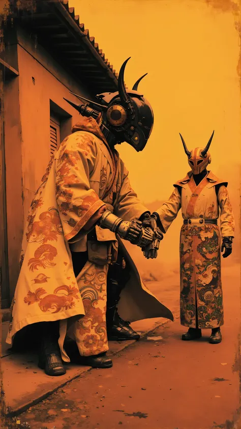 Vintage 1603 black-and-white photograph, styled as an Edo-period Japanese relic, faded, slightly blurry, scratched, with torn edges, depicting a humanoid robot with a fully mechanical body, no human features, inspired by a fusion of Edo-era artistry and fu...