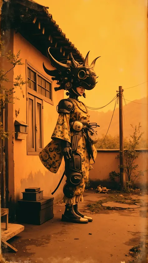 Vintage 1603 black-and-white photograph, styled as an Edo-period Japanese relic, faded, slightly blurry, scratched, with torn edges, depicting a humanoid robot with a fully mechanical body, no human features, inspired by a fusion of Edo-era artistry and fu...